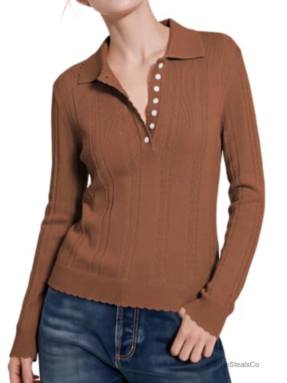 Pointelle Knit Polo Shirt Long Sleeve Button Henley Top